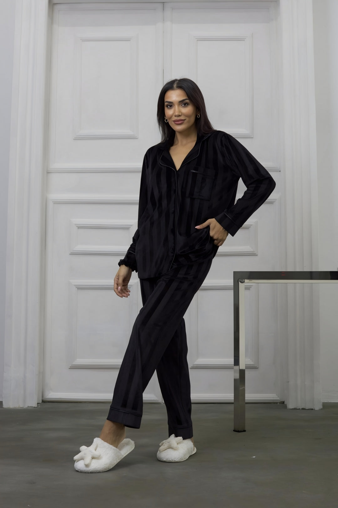 Estelle Striped Velvet Pajama Set — Red