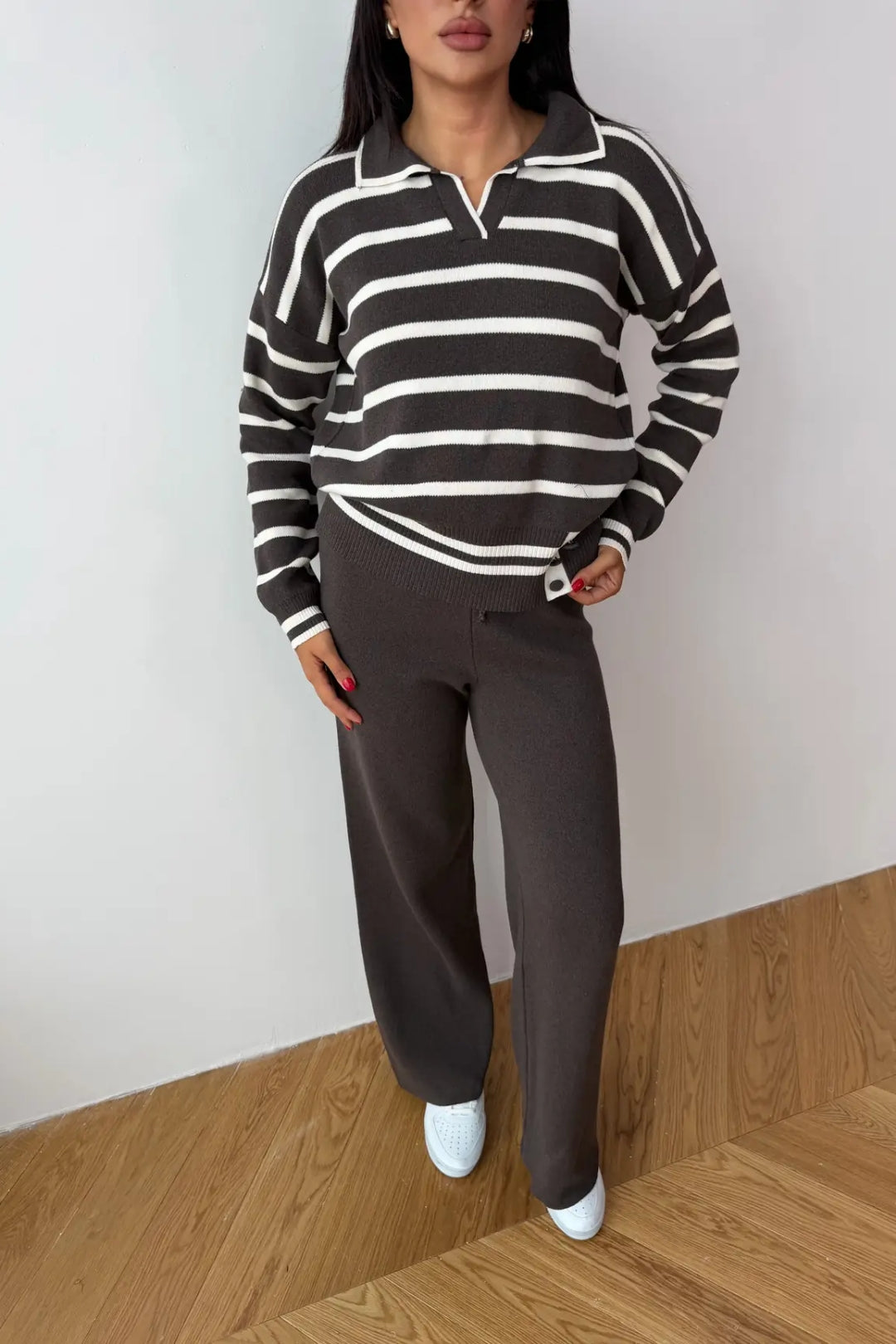 Blythe Striped Polo Knit Two-Piece Set – Cream&Brown