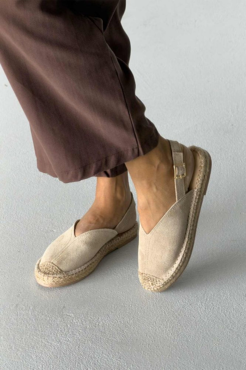 Heidi – Genuine Suede Leather Espadrille Slingback Flats – Sand