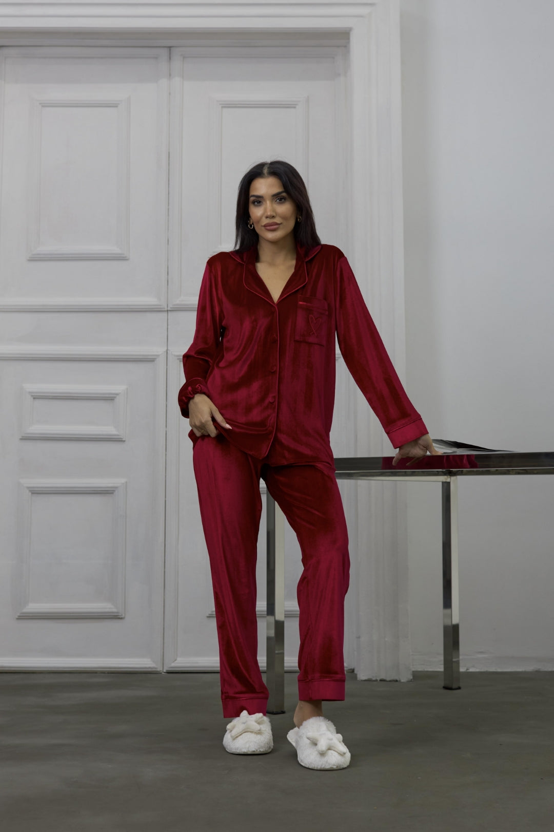 Estelle Striped Velvet Pajama Set — Red