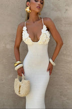 Solara Bloom Crochet Maxi Dress – White Floral Lace Knit