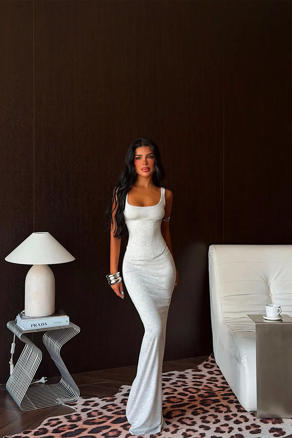 Nivellea Sculpted Corset Maxi Dress – Light Grey