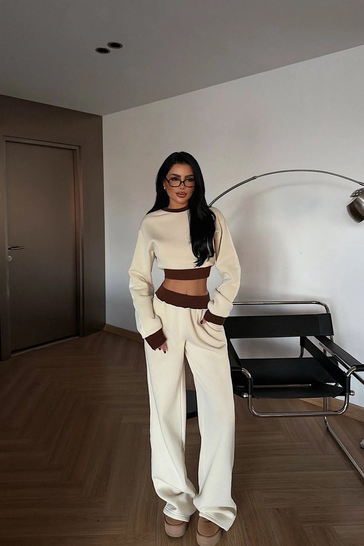 Clause Contrast Trim Fleece Tracksuit Set – Cream