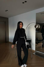 Cavielle Contrast-Tie Hoodie & Wide-Leg Tracksuit Set – Smoke Gray