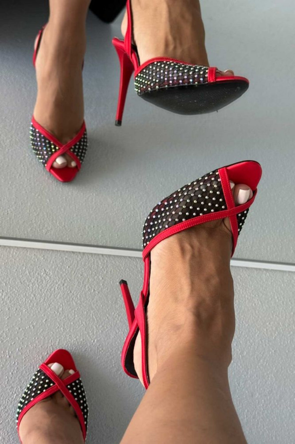 Valentina Crystal Mesh Slingback Stiletto Heels – Red Satin