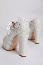 Floral Embroidered and Ribbon-Laced Platform Wedding Shoes