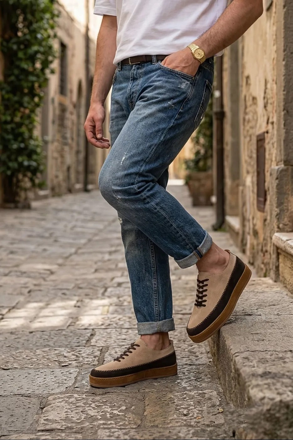 Cassian Two-Tone Leather Casual Sneakers – Beige & Brown