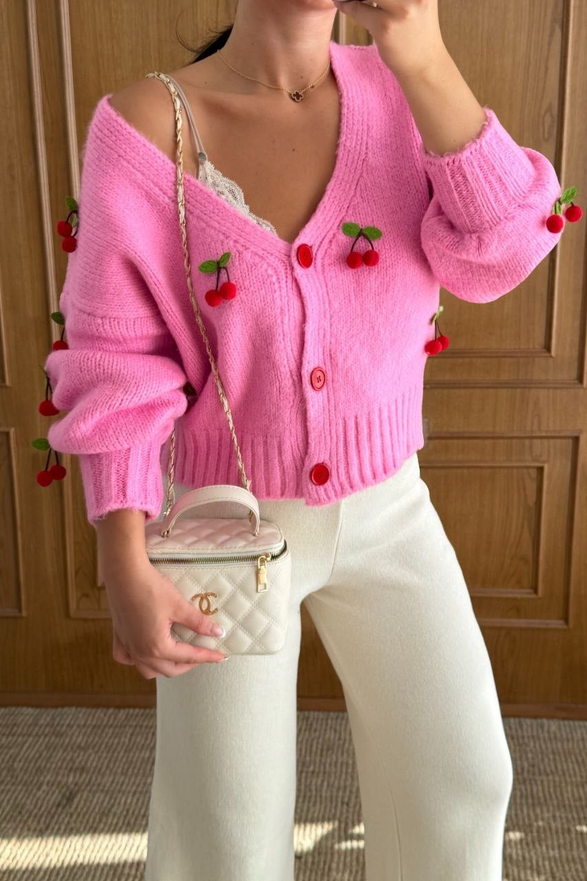 Cherrique Cherry Appliqué Button-Up Cardigan