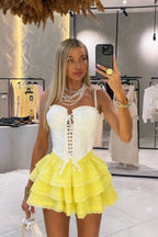 Elowen Soleil Corset & Ruffle Skirt Set – White & Sunshine Yellow