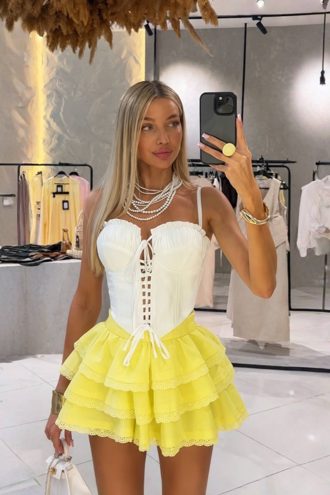 Elowen Soleil Corset & Ruffle Skirt Set – White & Sunshine Yellow