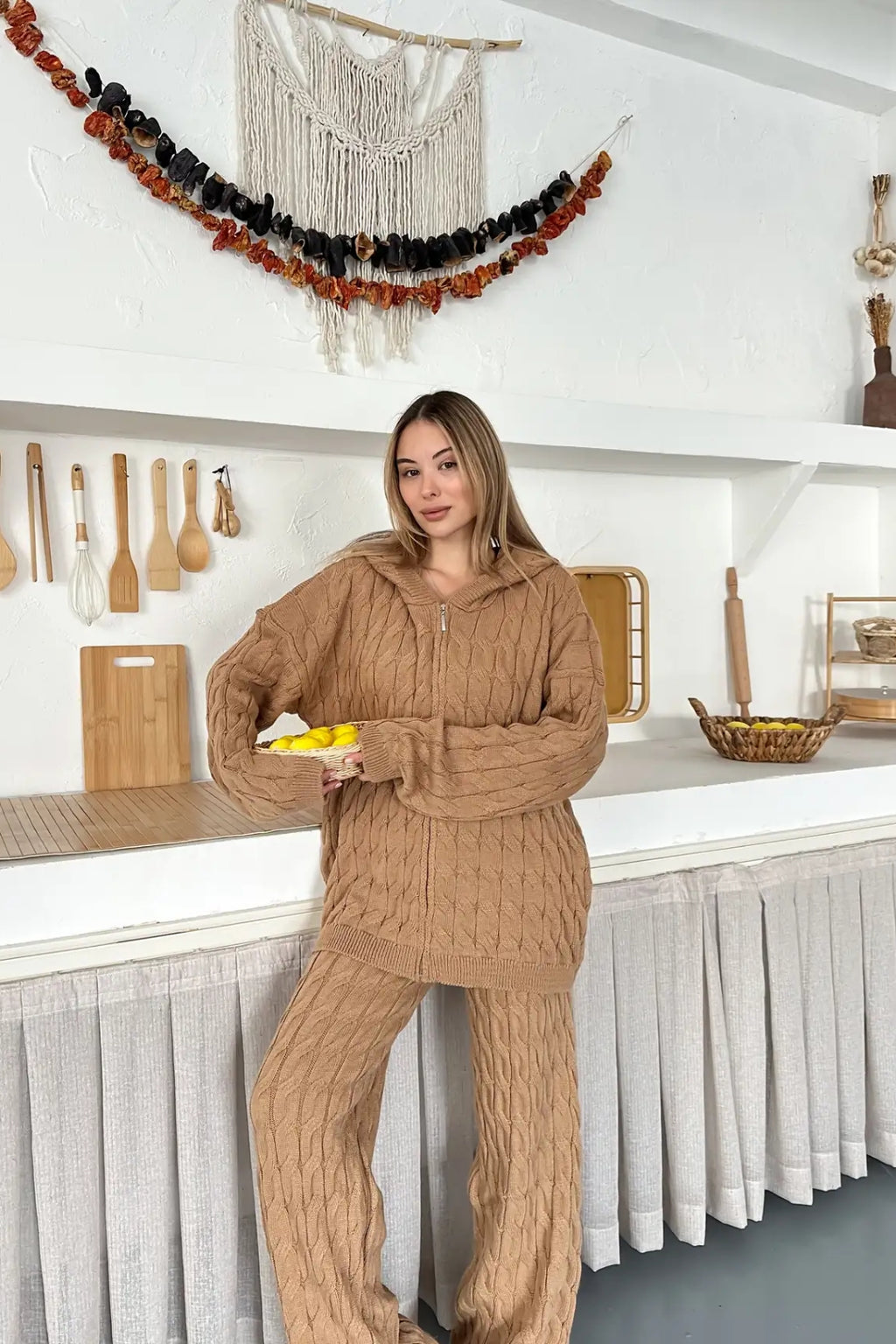Briar Cable Knit Hooded Two-Piece Set – Light Brown