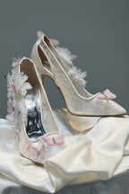 Pink Butterfly White Lace Bridal Stilettos