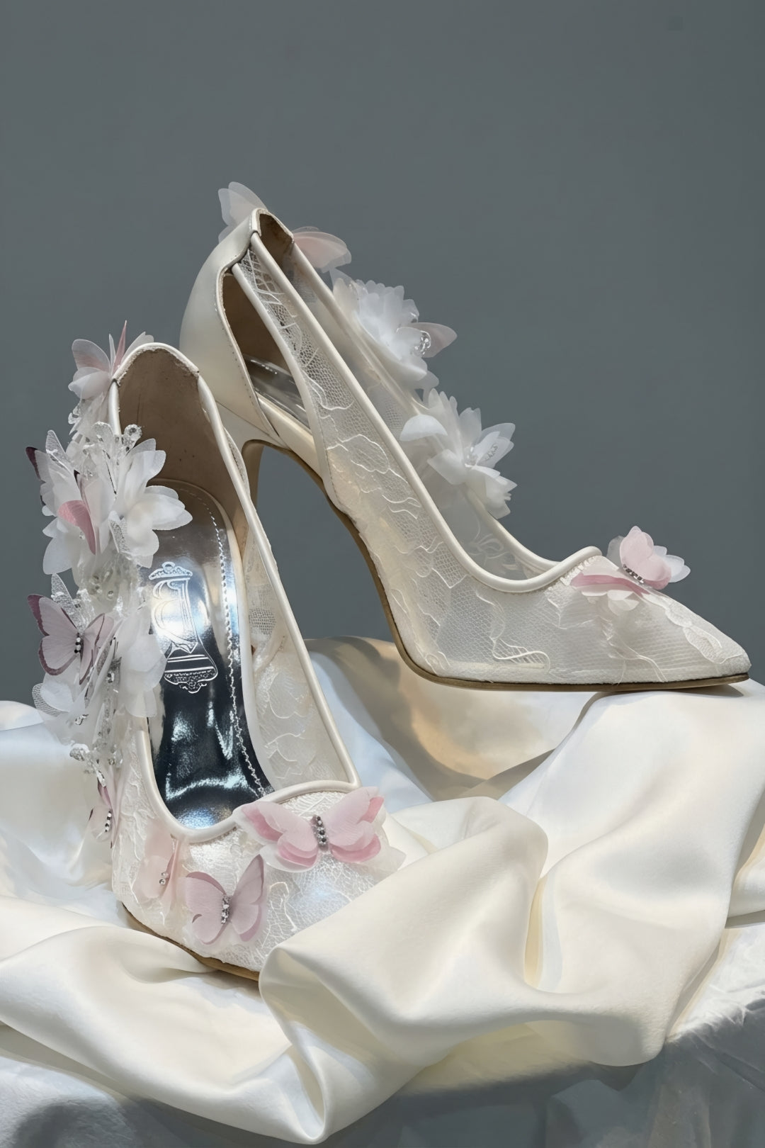 Pink Butterfly White Lace Bridal Stilettos