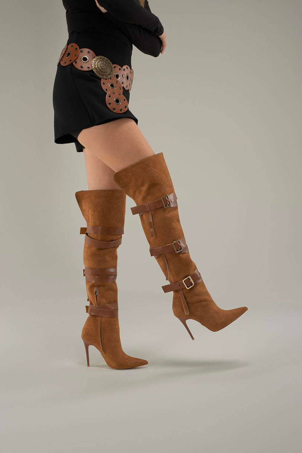 Ravelle Buckle Over-the-Knee Stiletto Boots – Tan Suede
