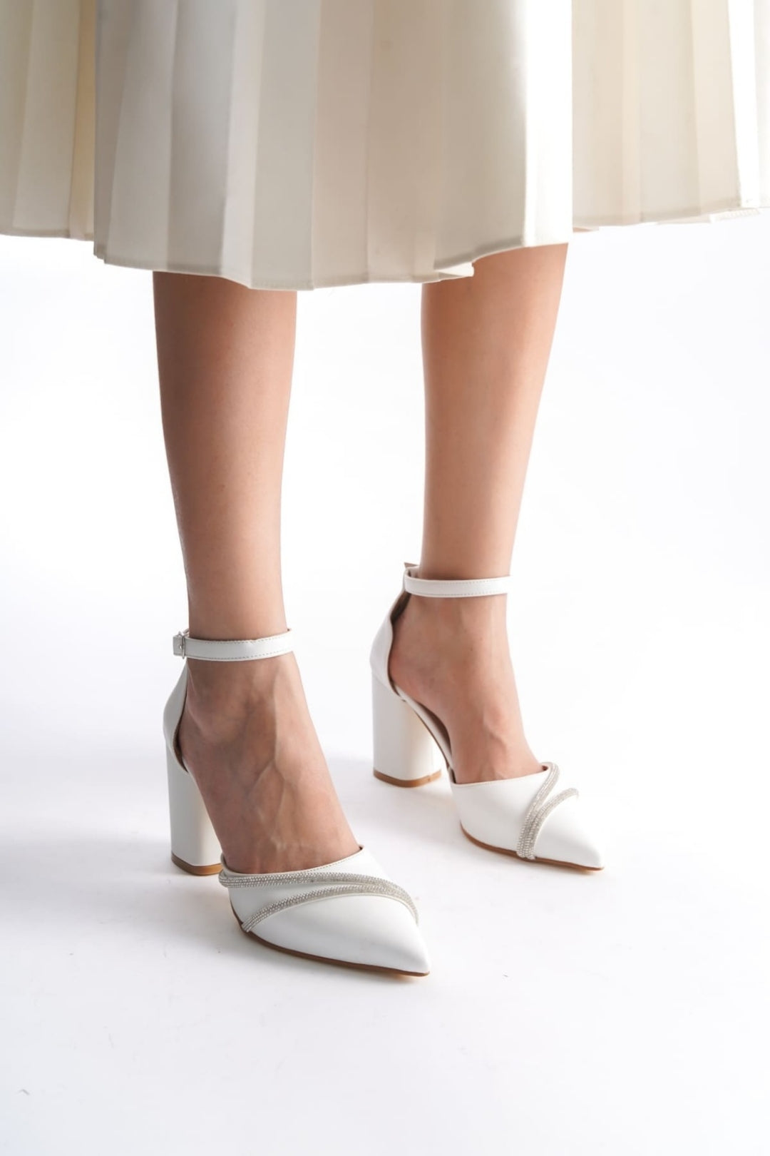 Kadın Beyaz Taşlı Topuklu Abiye Ayakkabı - 8.5 CM Kalın Topuklu