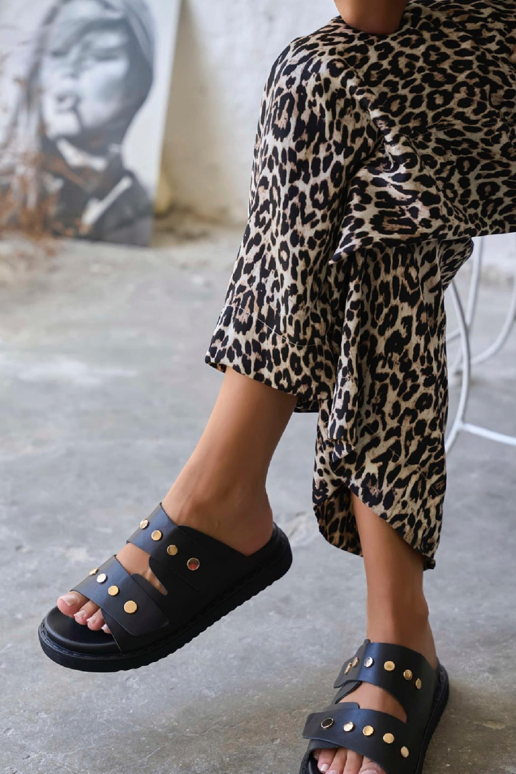 Caleb Black Genuine Leather Comfort Women's Slippers