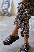 Caleb Black Genuine Leather Comfort Women's Slippers