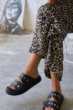 Caleb Black Genuine Leather Comfort Women's Slippers
