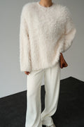 Drexen Fluffy Textured Crew-Neck Sweater – Cream