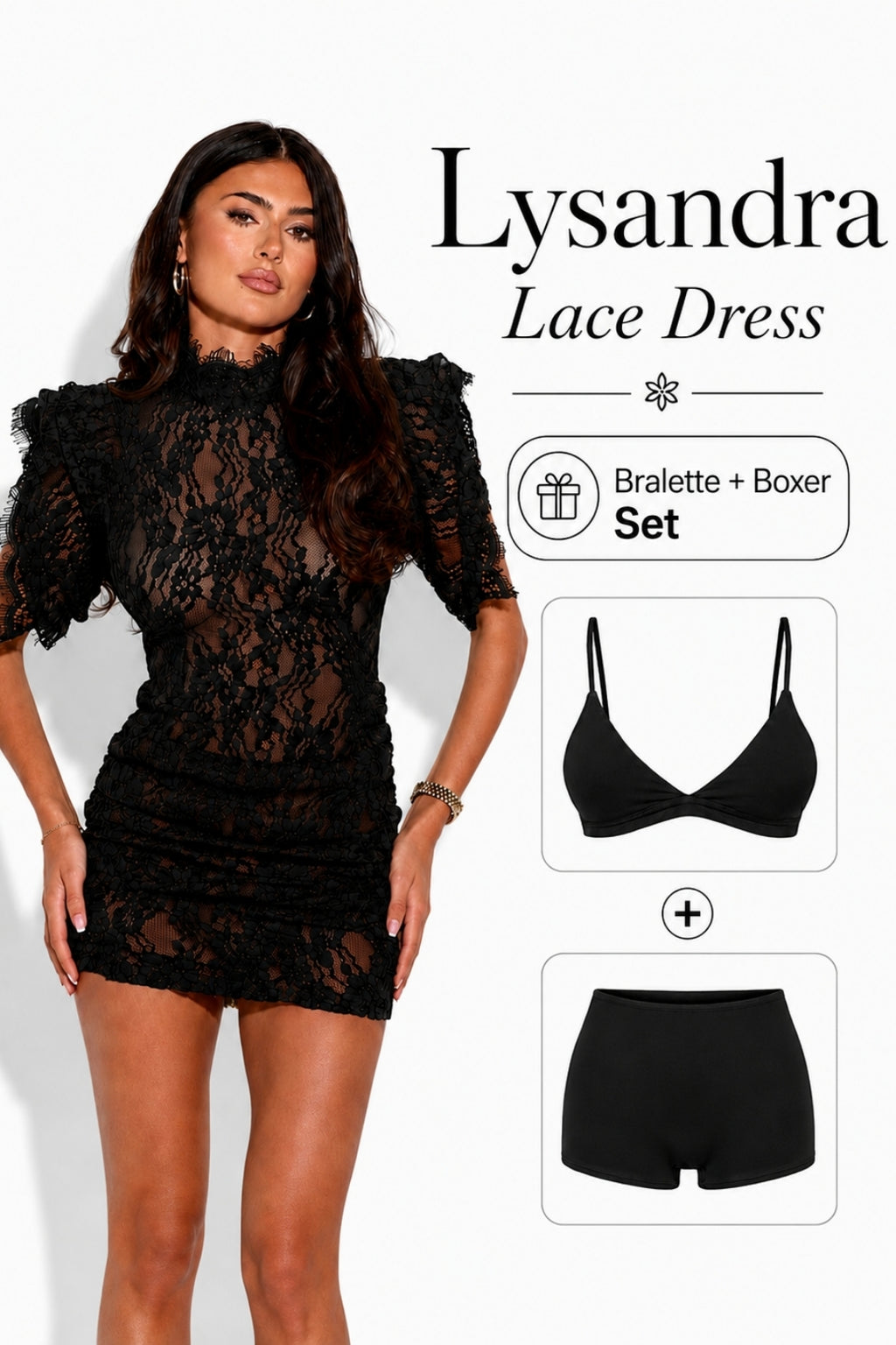 Lysandra Lace Mini Dress & Bralette Boxer 3-Piece Set