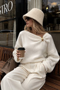 Cairn Draped-Neck Detail Knit Sweater – White