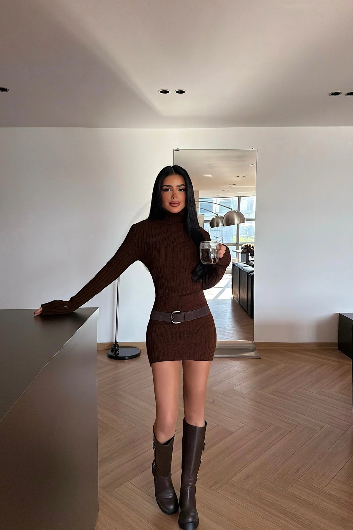 Veda Ribbed Knit Mini Dress – Bitter Brown