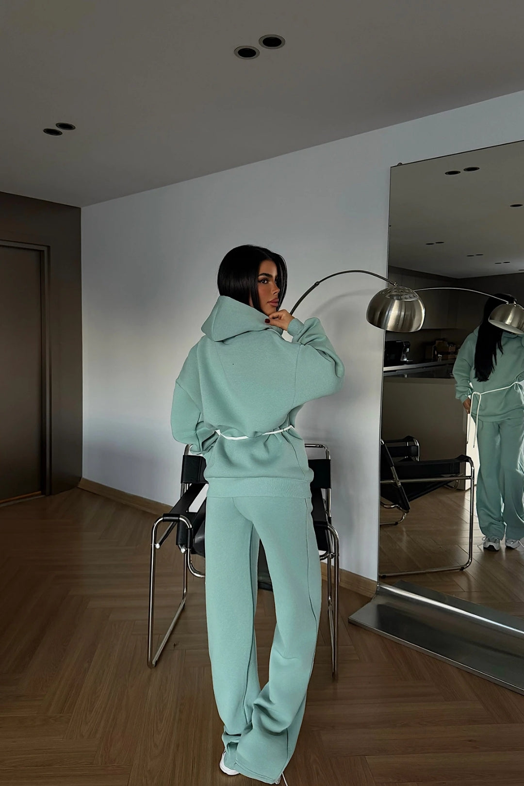 Cavielle Contrast-Tie Hoodie & Wide-Leg Tracksuit Set – Aqua