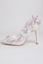 Pink Butterfly White Lace Bridal Stilettos