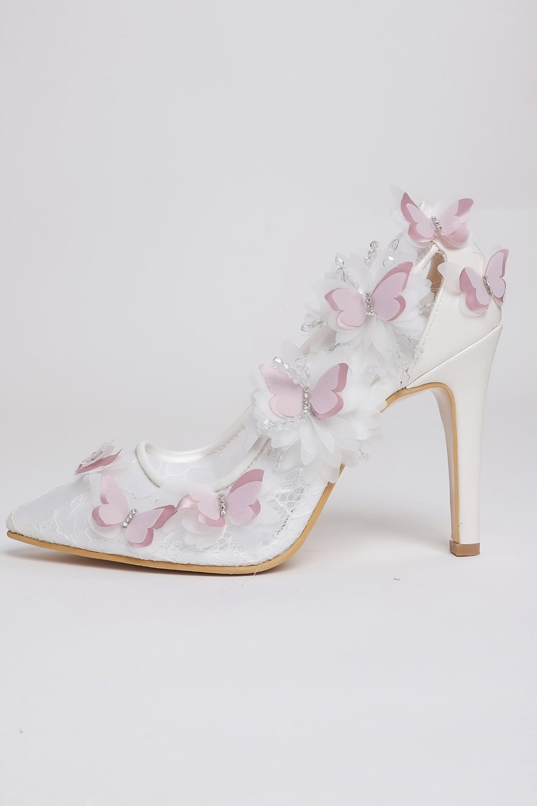 Pembe Kelebekli Beyaz Dantel Gelin Stiletto