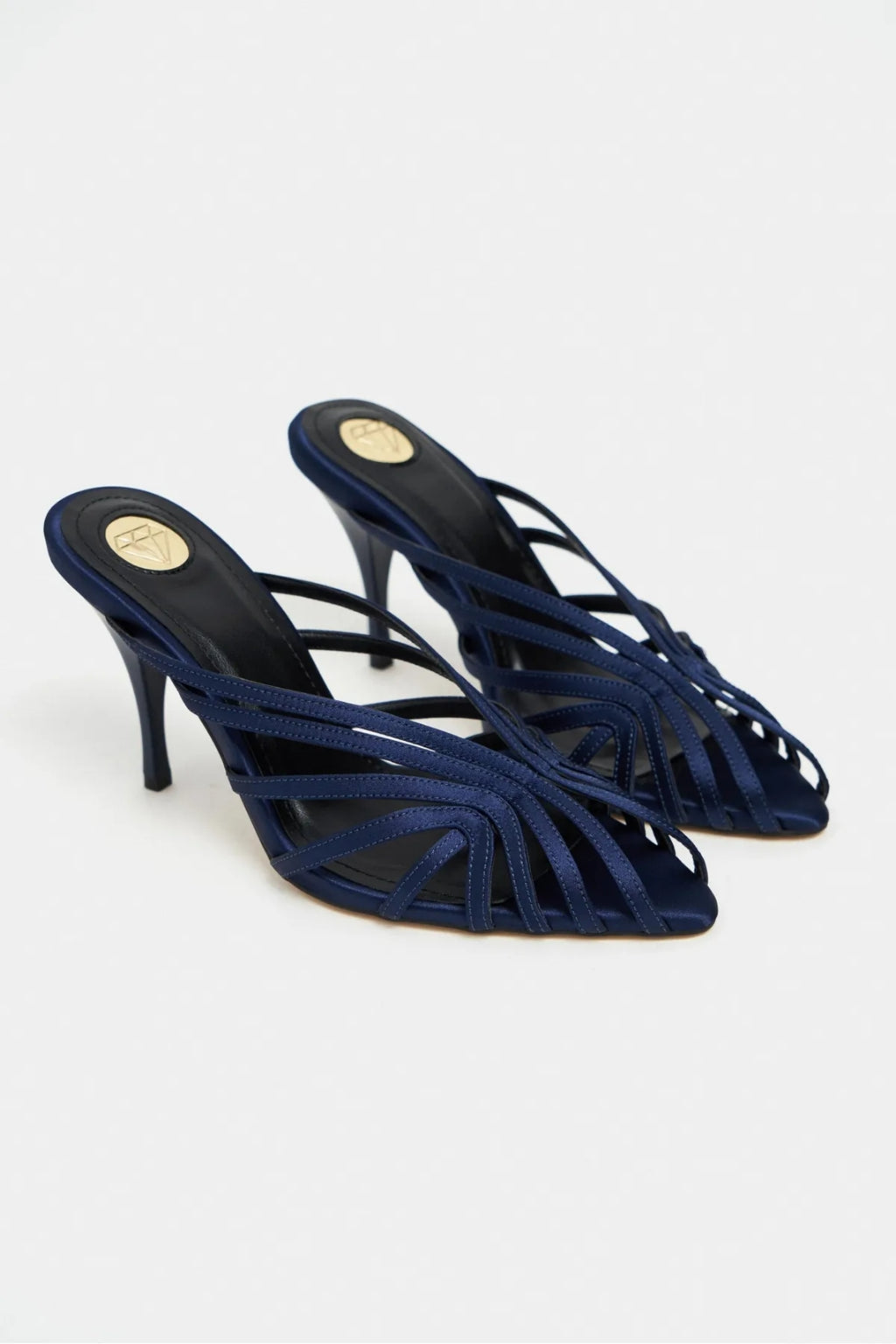 Seraphina Satin Cage-Strap Open-Toe Heeled Mule – Navy Satin