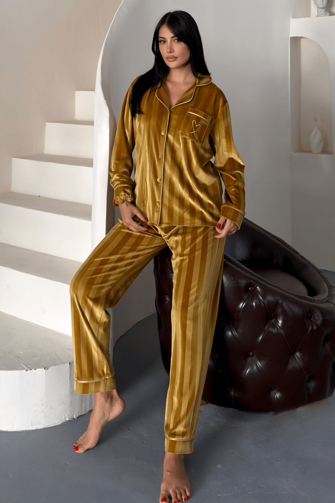 Estelle Striped Velvet Pajama Set – Mustard Yellow