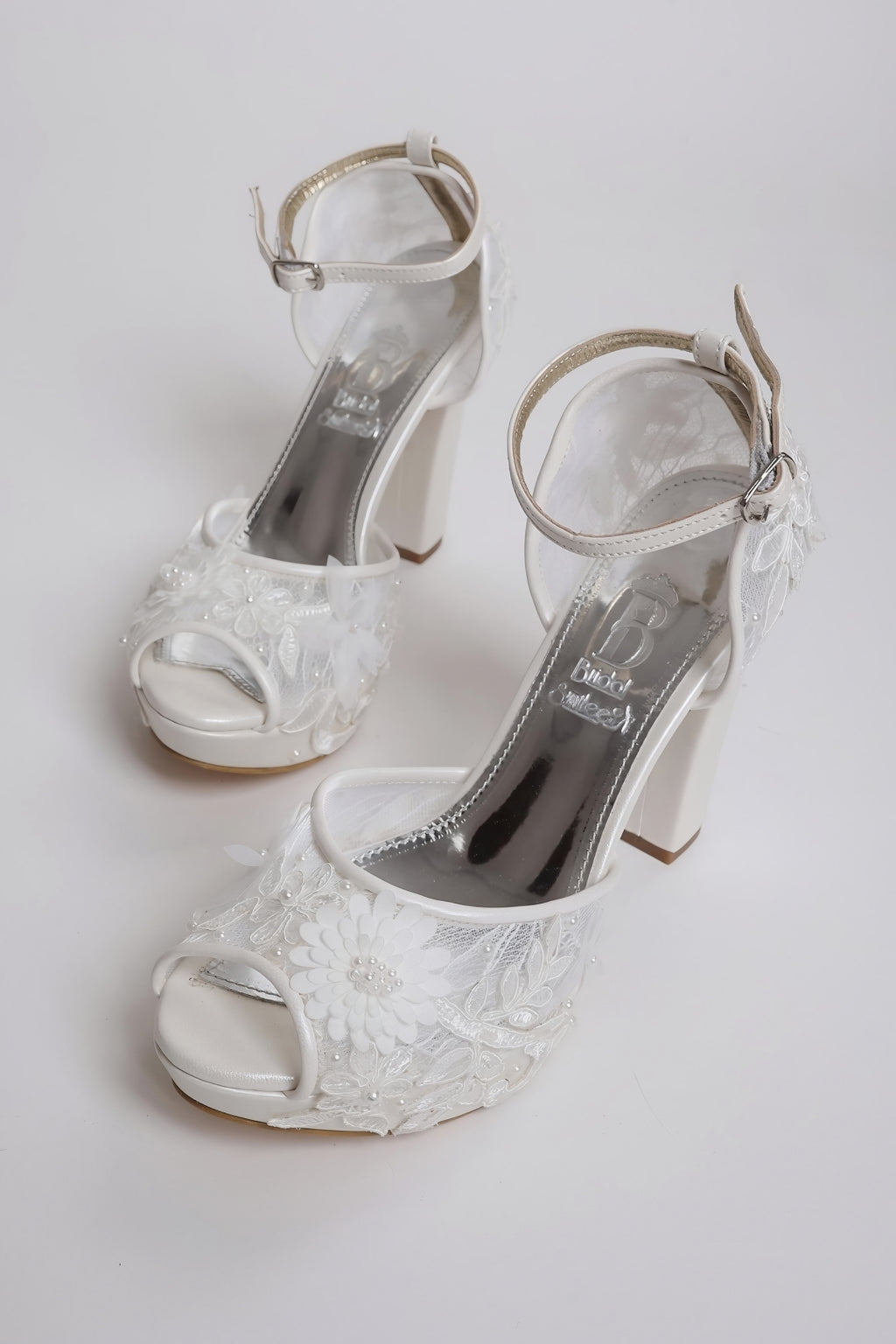 White Floral Lace Wedding Shoes - Platform Block Heel Open Toe Bridal Shoes