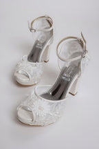 White Floral Lace Wedding Shoes - Platform Block Heel Open Toe Bridal Shoes