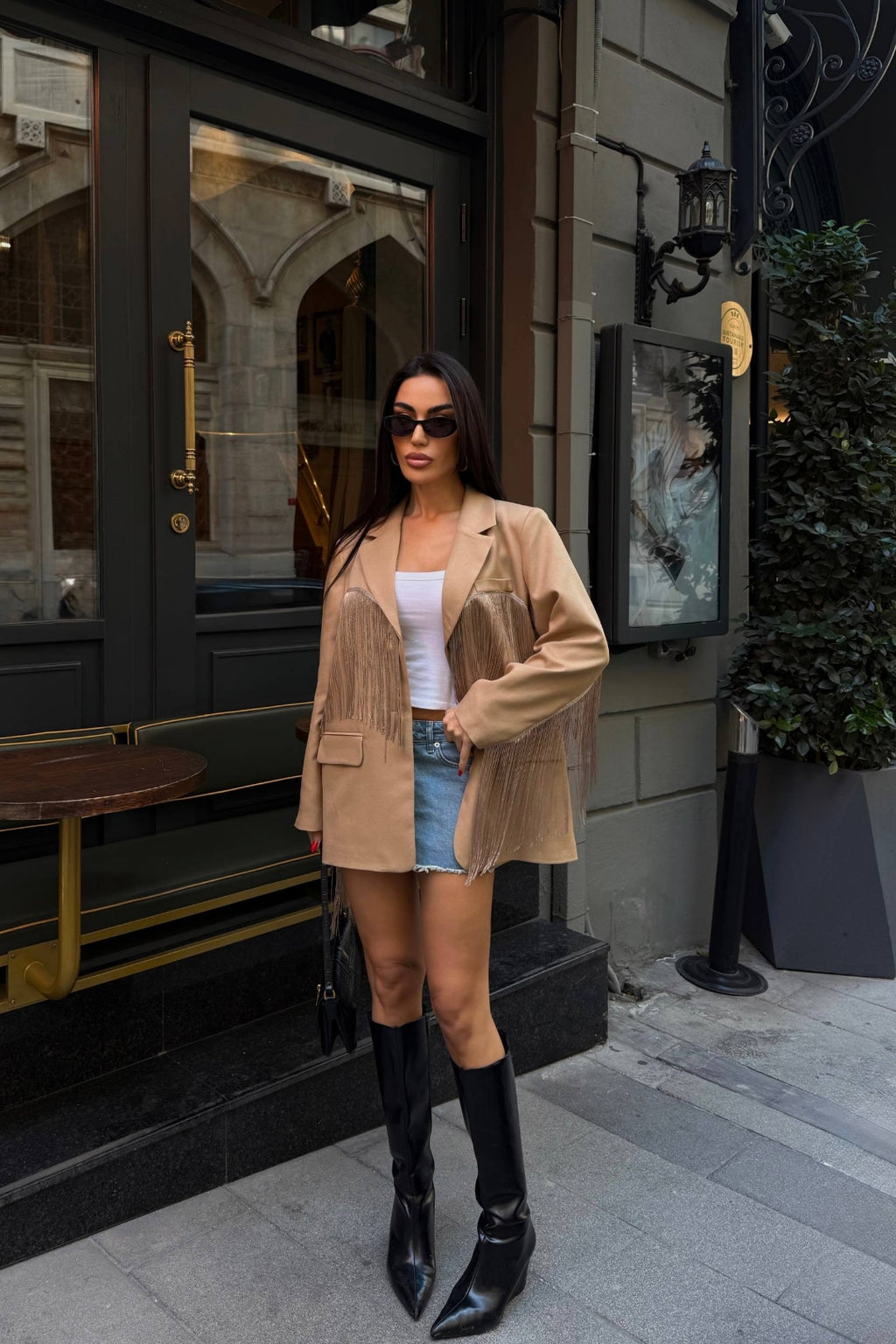 Püskül Detaylı Yün Görünümlü Blazer Ceket – Deve Tüyü