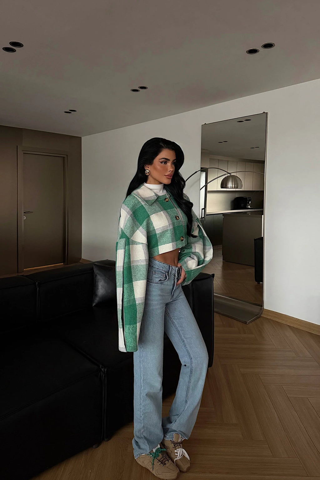 Avenelle Plaid Cropped Jacket – Green