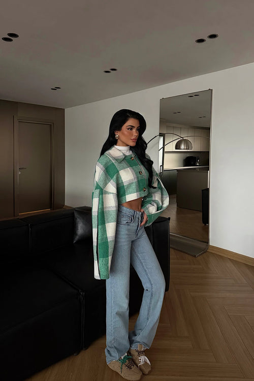 Avenelle Plaid Cropped Jacket – Green