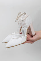 White Lace Overlay Pointed Toe Block Heel Wedding Shoe