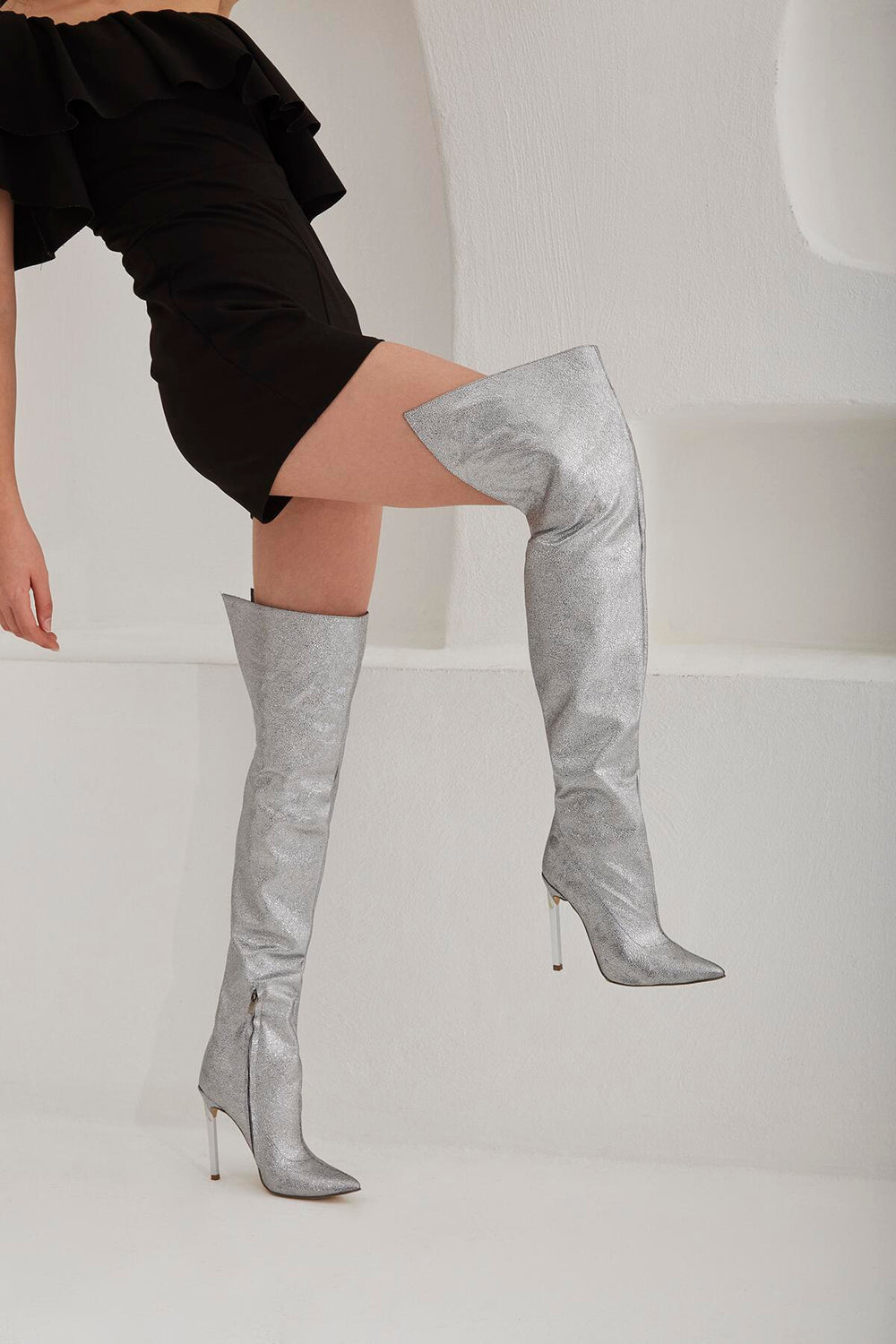 Zavielle Over-the-Knee Stiletto Boots – Metallic Silver