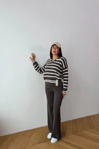Blythe Striped Polo Knit Two-Piece Set – Cream&Brown