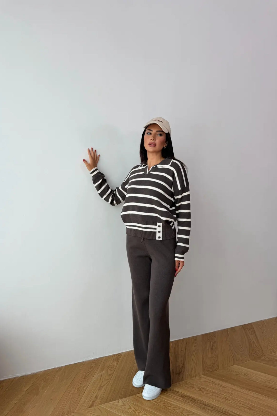 Blythe Striped Polo Knit Two-Piece Set – Cream&Brown