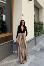 Daven Striped Wide-Leg Trousers – Brown