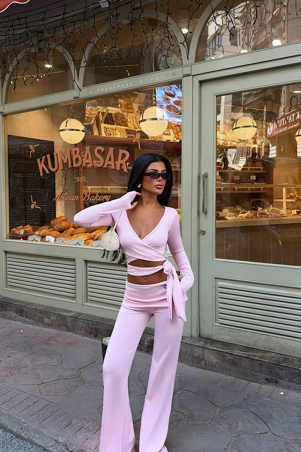 Soreva Tie-Wrap Flare Pants Set – Pink