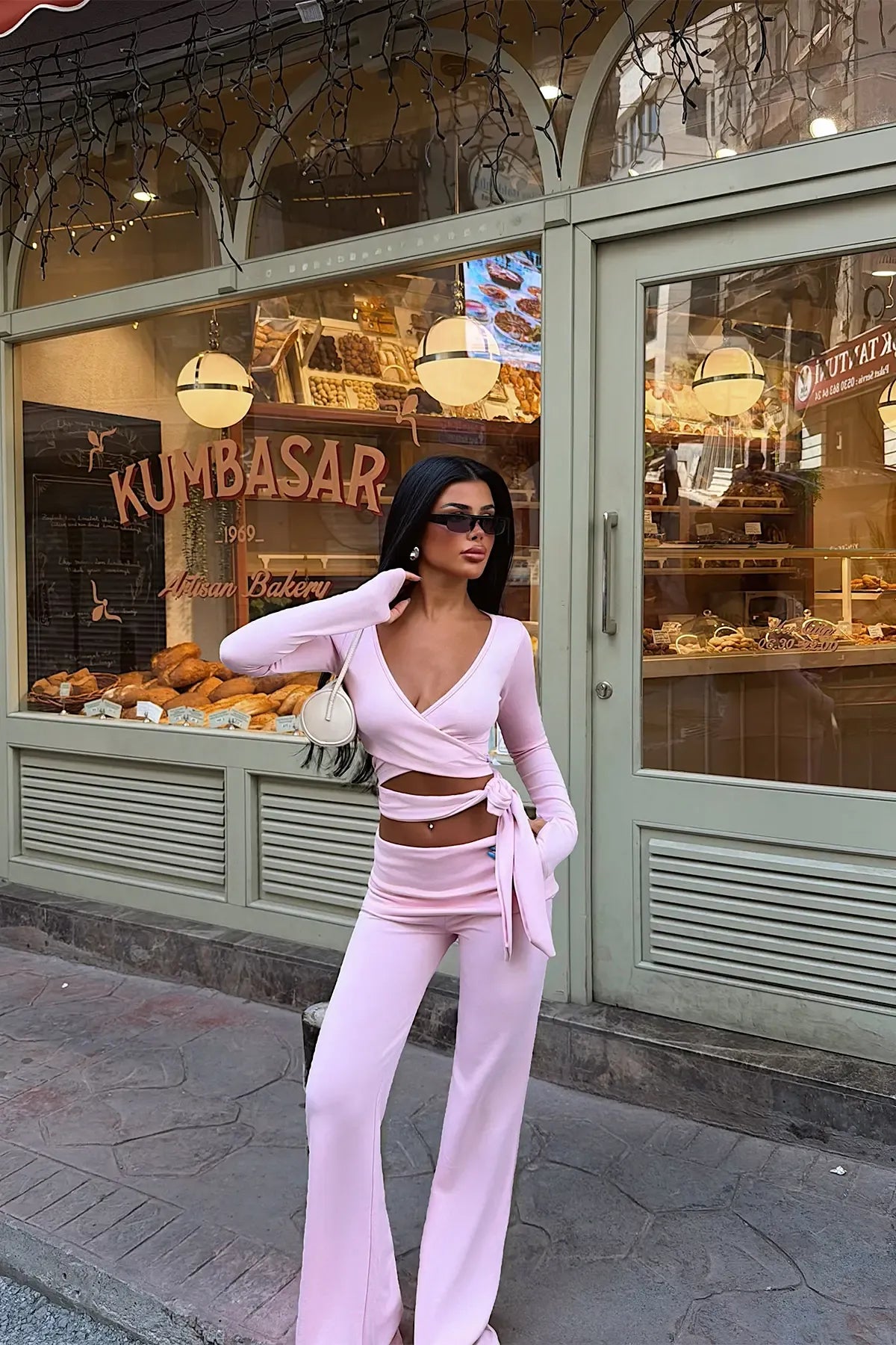 Soreva Tie-Wrap Flare Pants Set – Pink