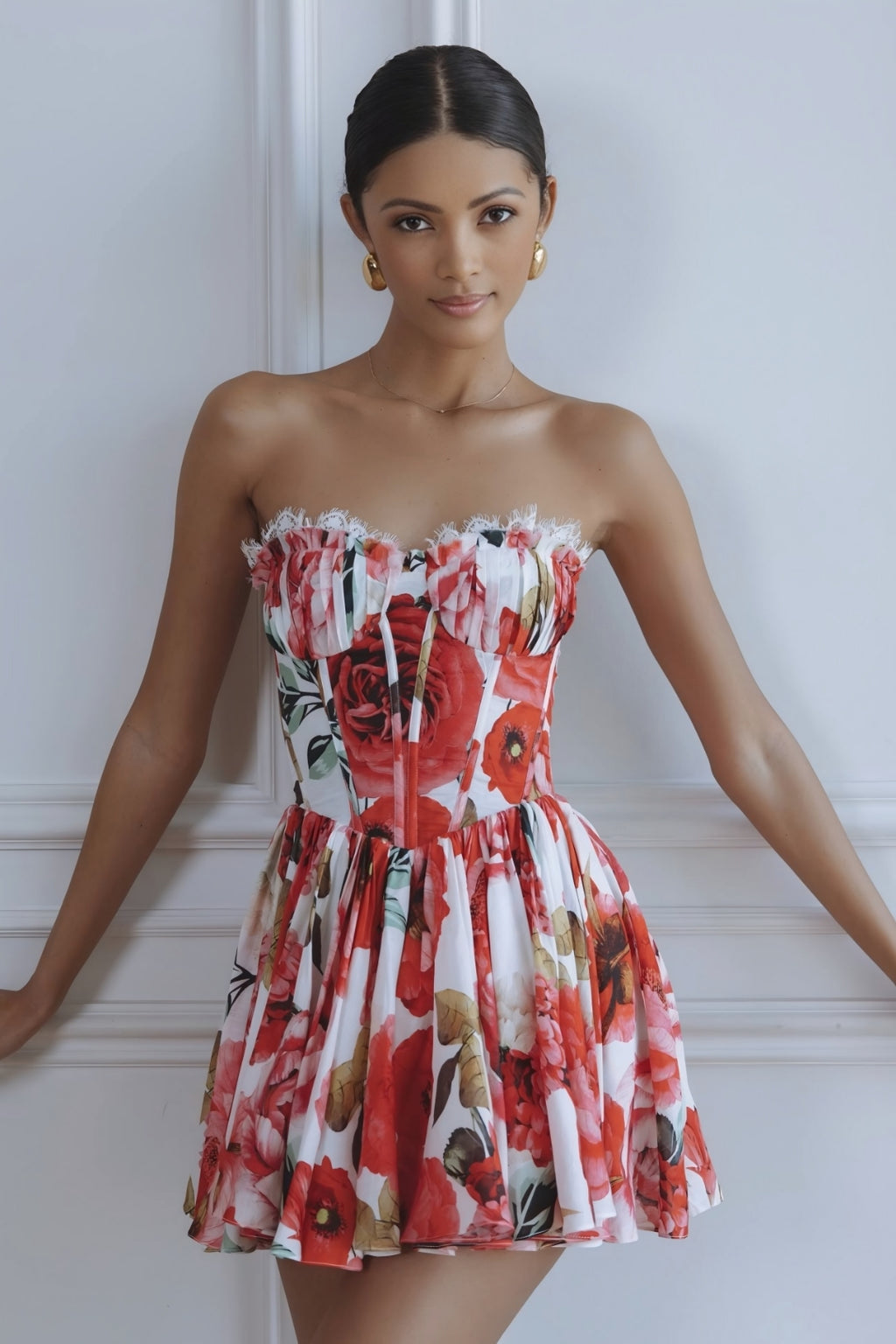 Maribelle Floral Corset Mini Dress – Red