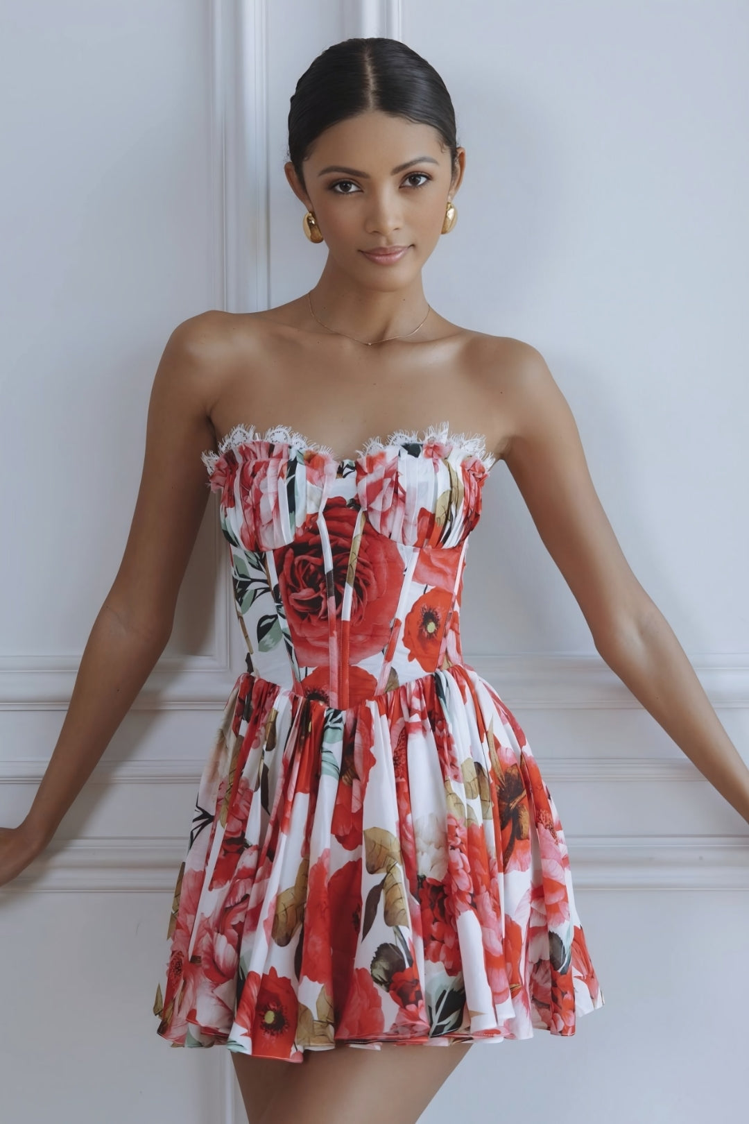 Maribelle Floral Corset Mini Dress – Red