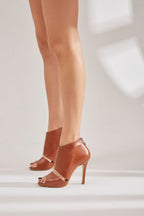 Barcelona – Open Toe Leather Stiletto Heels – Bitter Brown