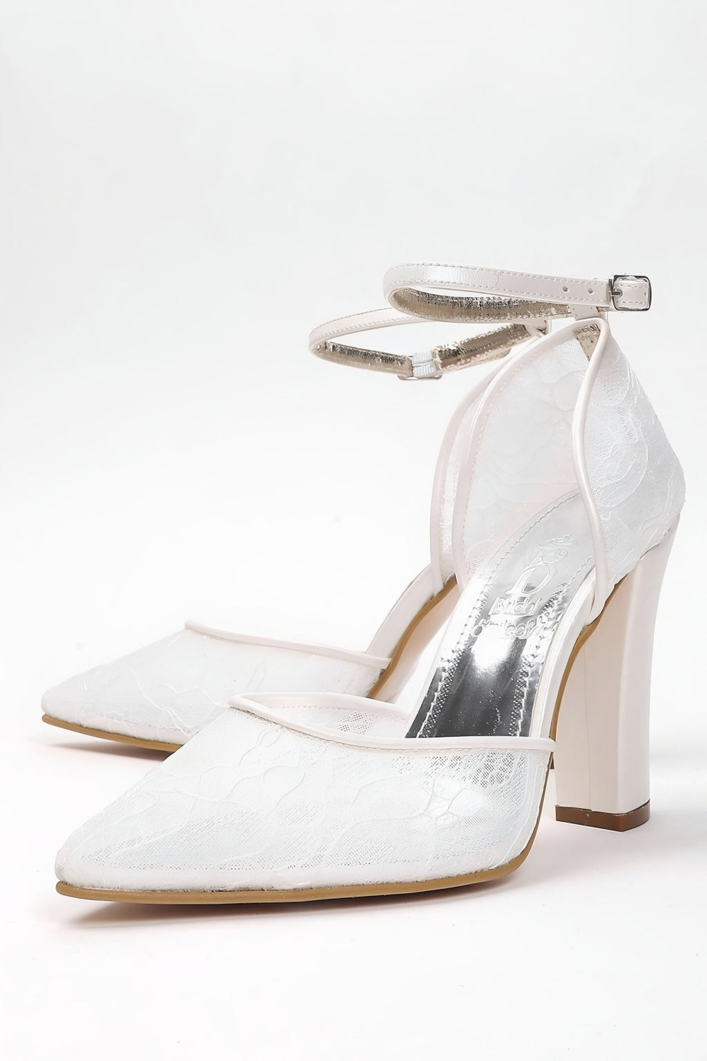White Lace Overlay Pointed Toe Block Heel Wedding Shoe