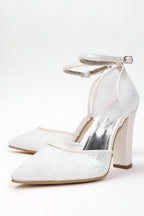 White Lace Overlay Pointed Toe Block Heel Wedding Shoe