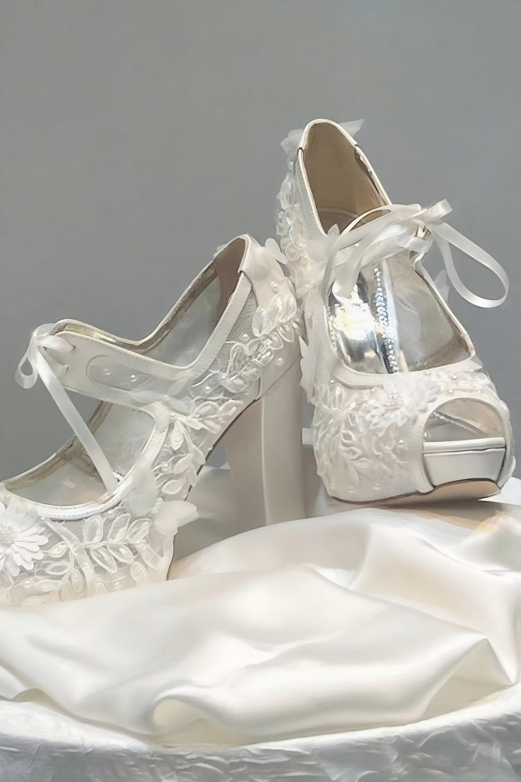 Floral Embroidered and Ribbon-Laced Platform Wedding Shoes
