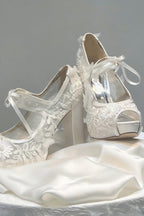 Floral Embroidered and Ribbon-Laced Platform Wedding Shoes